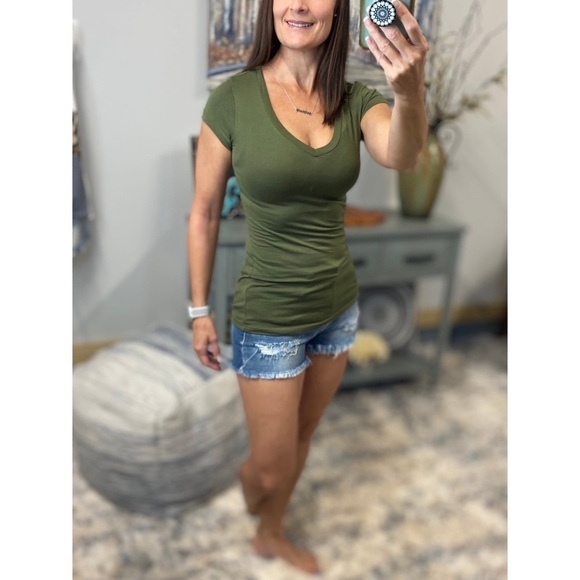 Tops - V Neck Cotton Short Sleeve Slimming Basic Baby Tee Deep Olive 0060